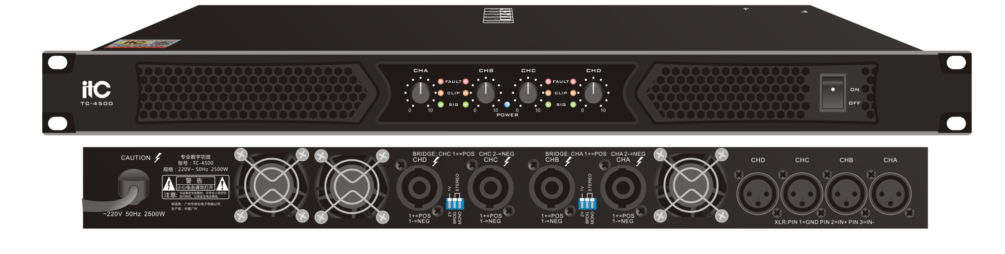 Усилитель ITC-4500  4-х канальный усилитель 4х500W / 8 Ом, 4х800W / 4 Ом